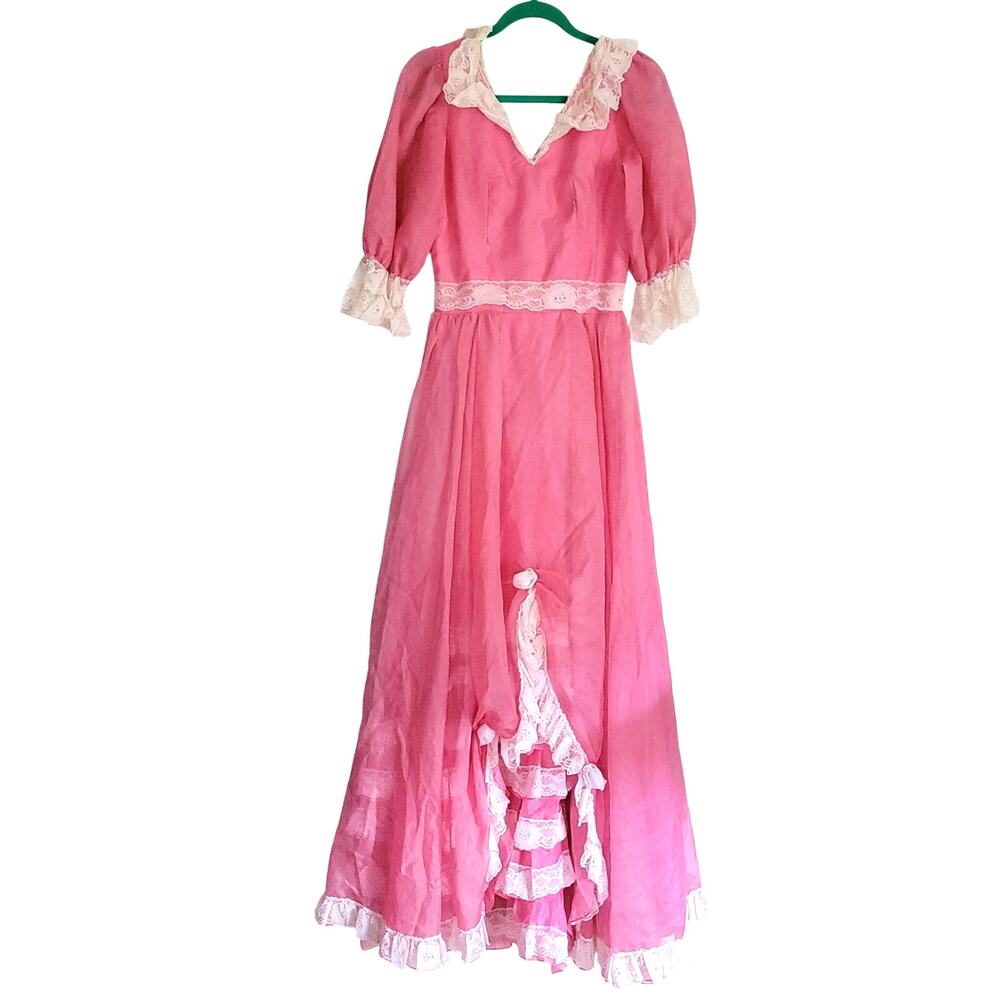Vintage Womens Pink Lace Dress Short Sleeve Antique Handmade Bustle Long Gown